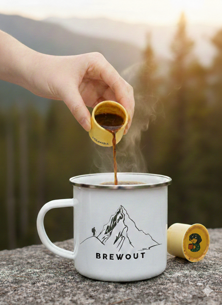 Outdoor-Espresso mit Moins Coffee Cube am Berg bei frischem Licht